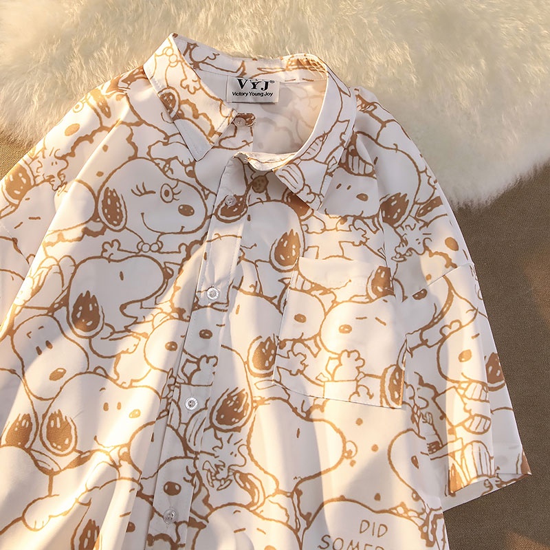 Áo Sơ Mi Tay Ngắn In Hoạt Hình Snoopy Kiểu Hồng Kông Retro Thời Trang Mùa Hè Cho Các Cặp Đôi