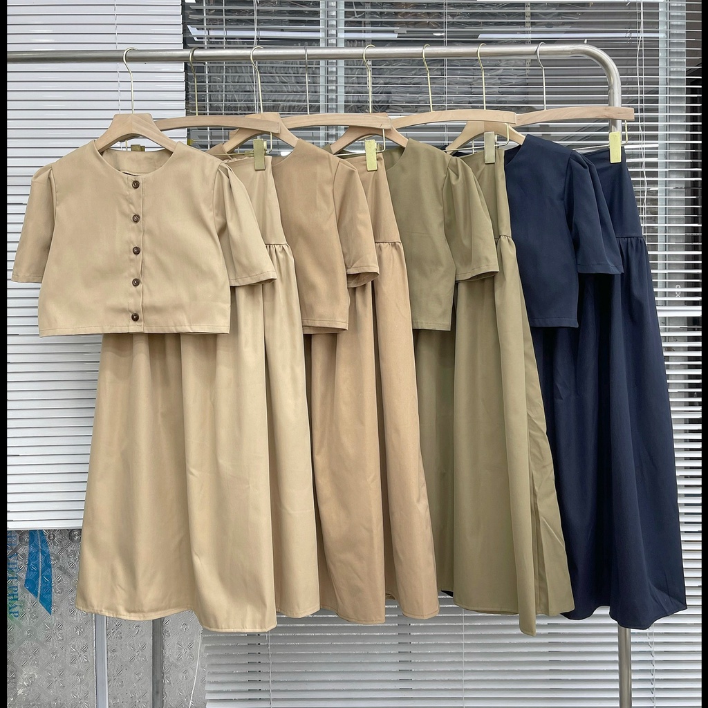 Set áo sơ mi thô cổ tròn kèm chân váy dáng dài lưng chun S496 SUSTORE