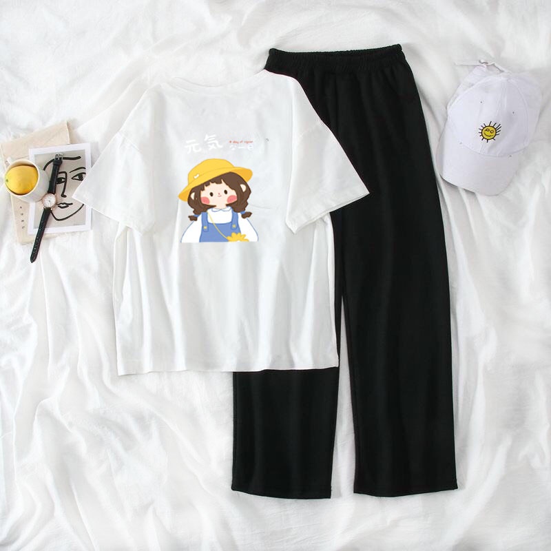Sét áo phông Cô bé mũ vàng + quần suông trơn, Áo thun from rộng, Chất đẹp không xù, Sét bộ mặc ở nhà và mặc đi chơi.