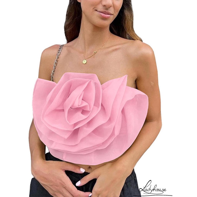 Áo Croptop Hai Dây Màu Trơn Họa Tiết Hoa Hồng 3D Gợi Cảm Cho Nữ