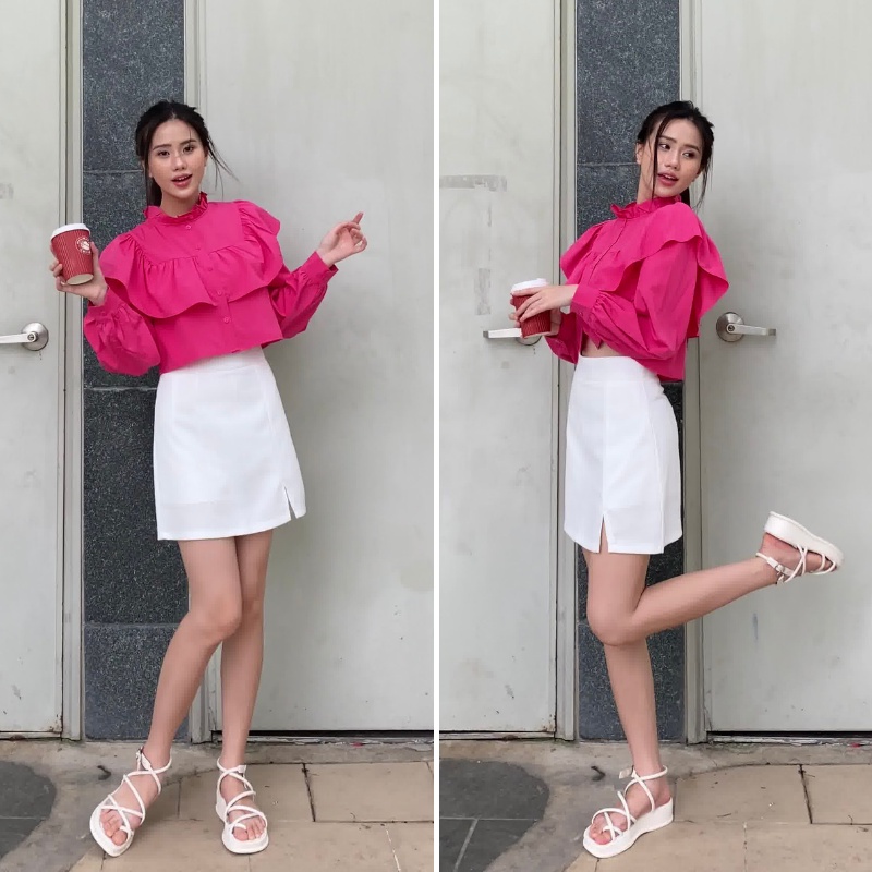 Áo sơ mi croptop nữ cổ tàu bèo tiểu thư dáng ngắn lửng dài tay bồng chất đũi lụa mềm mát phong cách hàn quốc ASM15