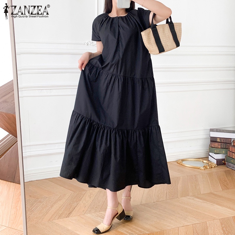 ZANZEA Đầm Nữ Ngắn Tay Cổ Tròn Form Rộng Thời Trang