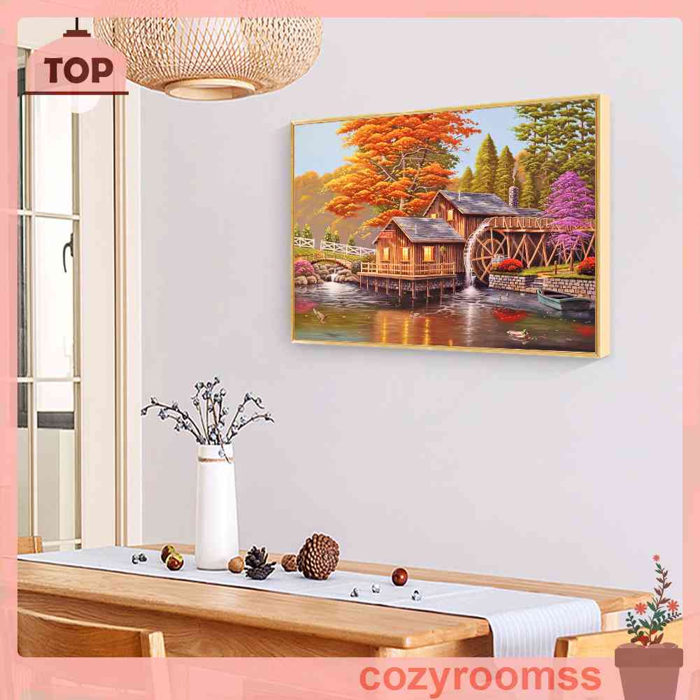 Tranh Đính Đá Kim Cương Toàn Bộ 5D DIY Hình Ngôi Nhà Bánh Xe Nước