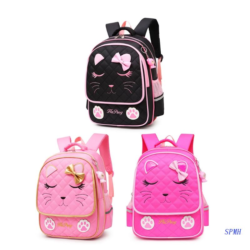 Balo Đi Học Bằng Nylon Đính Nơ Cỡ Lớn In Họa Tiết Mặt Mèo Dễ Thương Cho Bé Gái