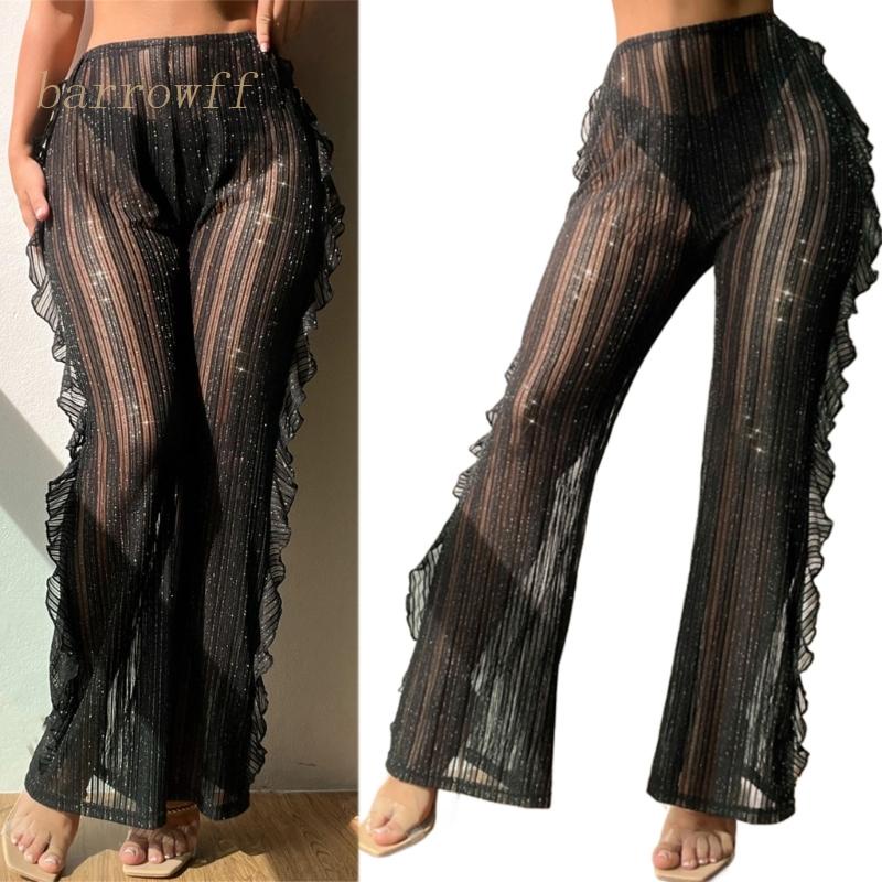 Brroa Quần Dài Lưng Cao Phối Lưới Họa Tiết Kẻ Sọc Lấp Lánh Thời Trang Dự Tiệc / Đi Biển Cho Nữ