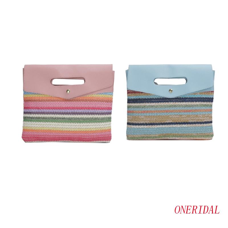 Túi Xách Đan Lát Họa Tiết Kẻ Sọc Cầu Vồng Phong Cách Bohemia