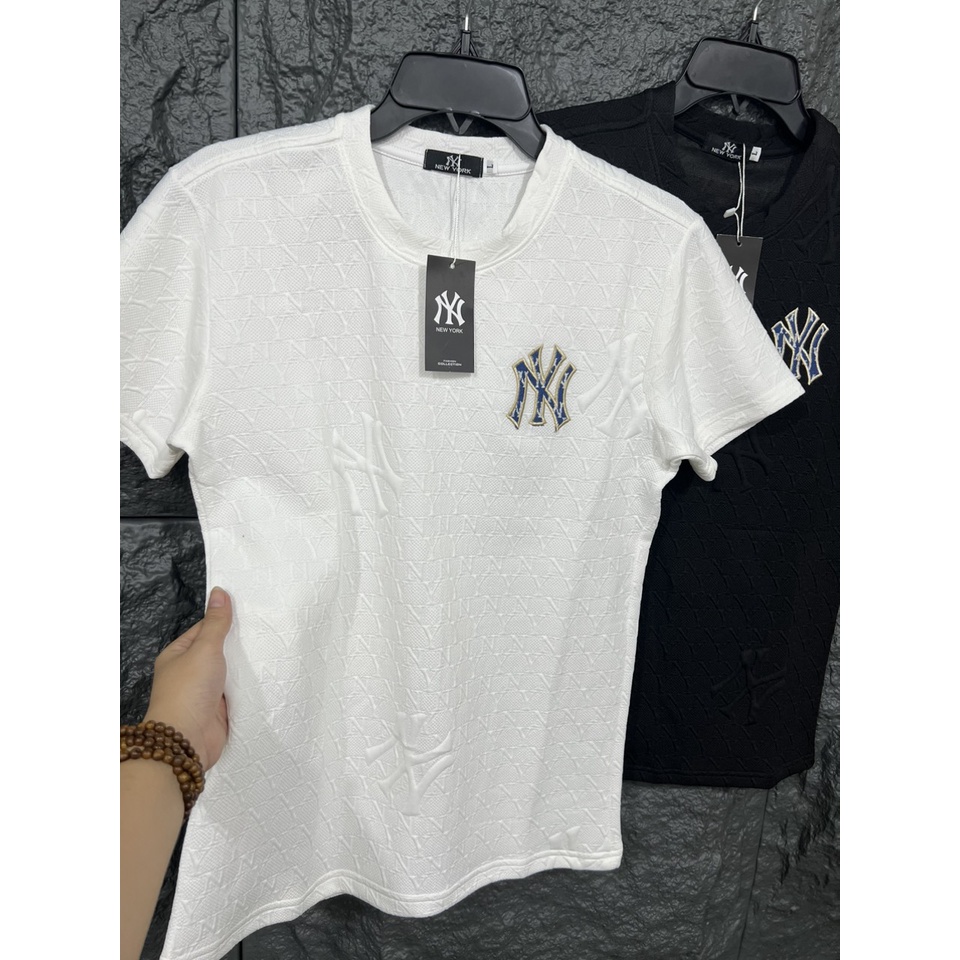 Áo Thun Nam Tay Ngắn Dập Vân Nổi Hoa Văn Thêu Chữ NY, Chất Thun Cotton