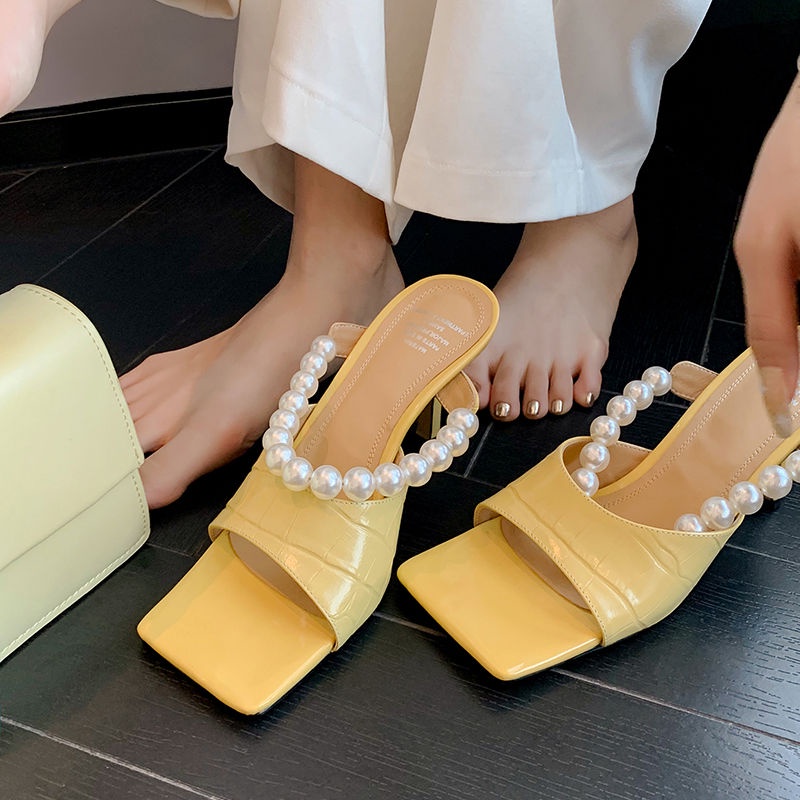Sandal Cao Gót Hở Ngón Mũi Vuông Đính Ngọc Trai Cao Cấp Thời Trang Dành Cho Nữ