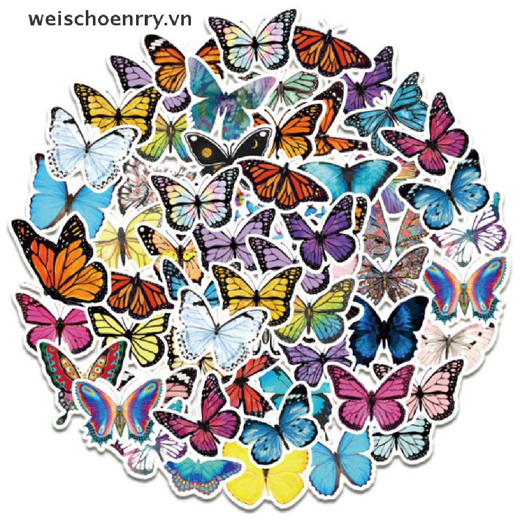 Set 50 Miếng Dán Hình Bướm Chống Thấm Nước Trang Trí Laptop / Ván Trượt / Guitar