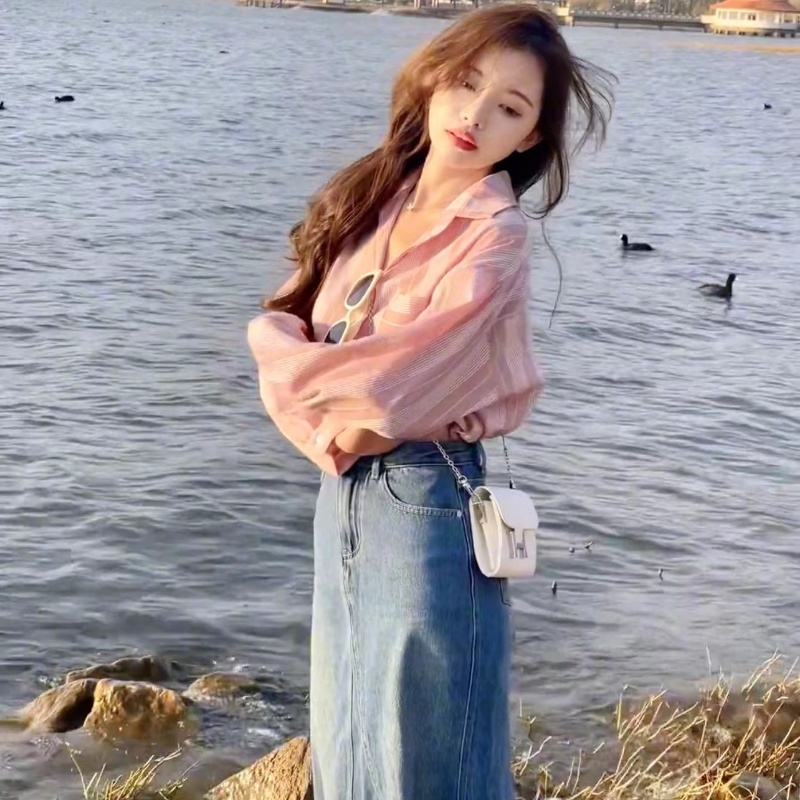 Bộ Áo Sơ Mi Đa Năng + Chân Váy Denim Dáng Ôm Phong Cách Pháp Thời Trang Xuân Hè Cho Nữ