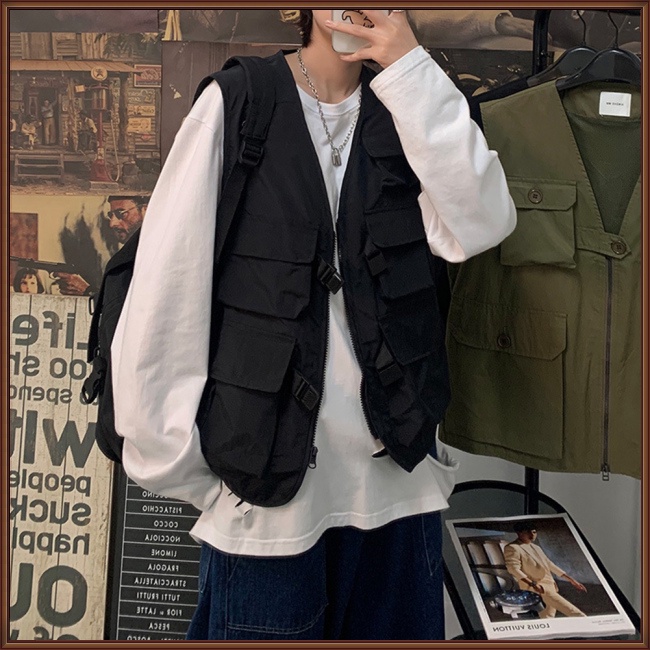 Áo Khoác Ghi Lê Không Tay Dáng Rộng Có Nhiều Túi Và Khóa Kéo Thời Trang Cho Nam