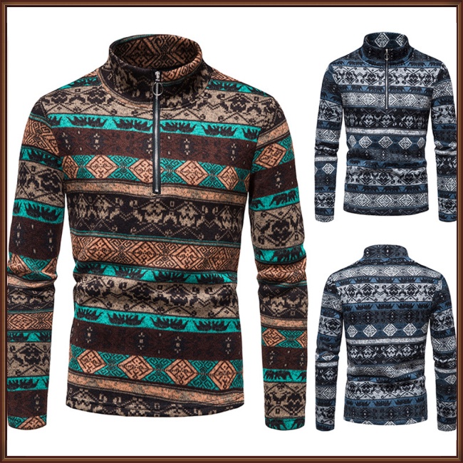 Áo Sweater Dệt Kim Cổ Đứng Phối Khóa Kéo Phong Cách Dân Tộc Thời Trang Mùa Đông Cho Nam My17