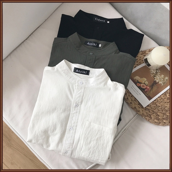 Áo Sơ Mi Cotton Lanh Cổ Đứng Tay Ngắn Dáng Rộng Thời Trang Cho Nam Giới