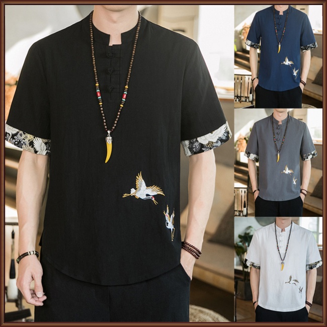 Áo Thun Cotton Lanh Ngắn Tay Dáng Rộng Thêu Họa Tiết Cá Tính Cho Nam Mùa Hè