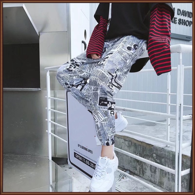 Quần Thể Thao Ống Rộng Họa Tiết Tờ Báo Truyện Tranh Phong Cách Harajuku Hip hop Unisex