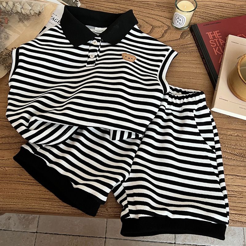 Bộ Áo Thun POLO Ngắn Tay In Hình Gấu Hoạt Hình + Quần Short Kẻ Sọc Thời Trang Mùa Hè 2023 Cho Bé Trai