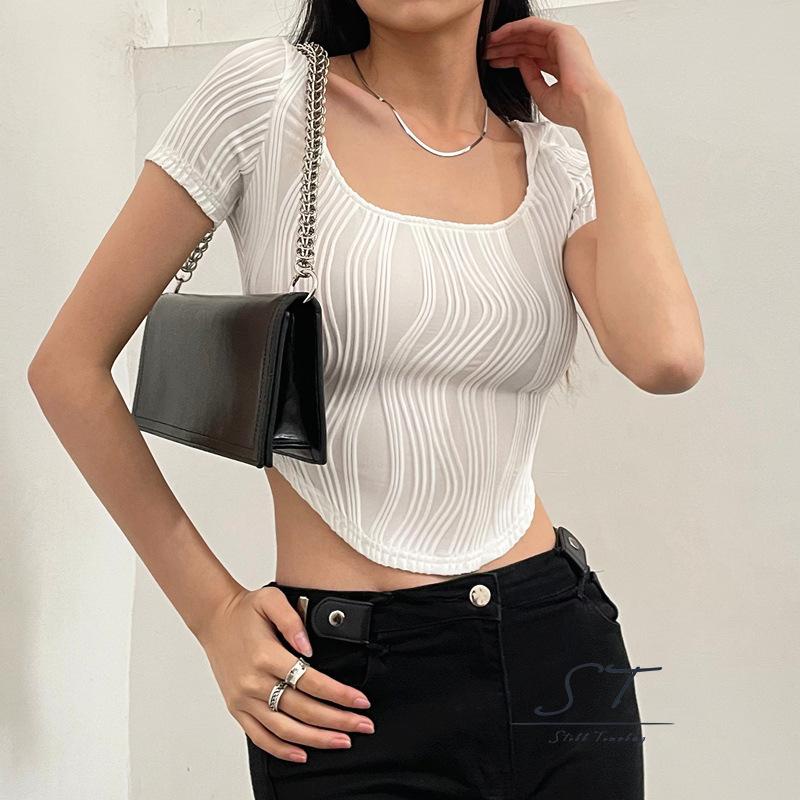 Áo Thun Crop Top Tay Ngắn Cổ Chữ U Họa Tiết Kẻ Sọc Phong Cách Đường Phố Thời Trang Mùa Hè CY03