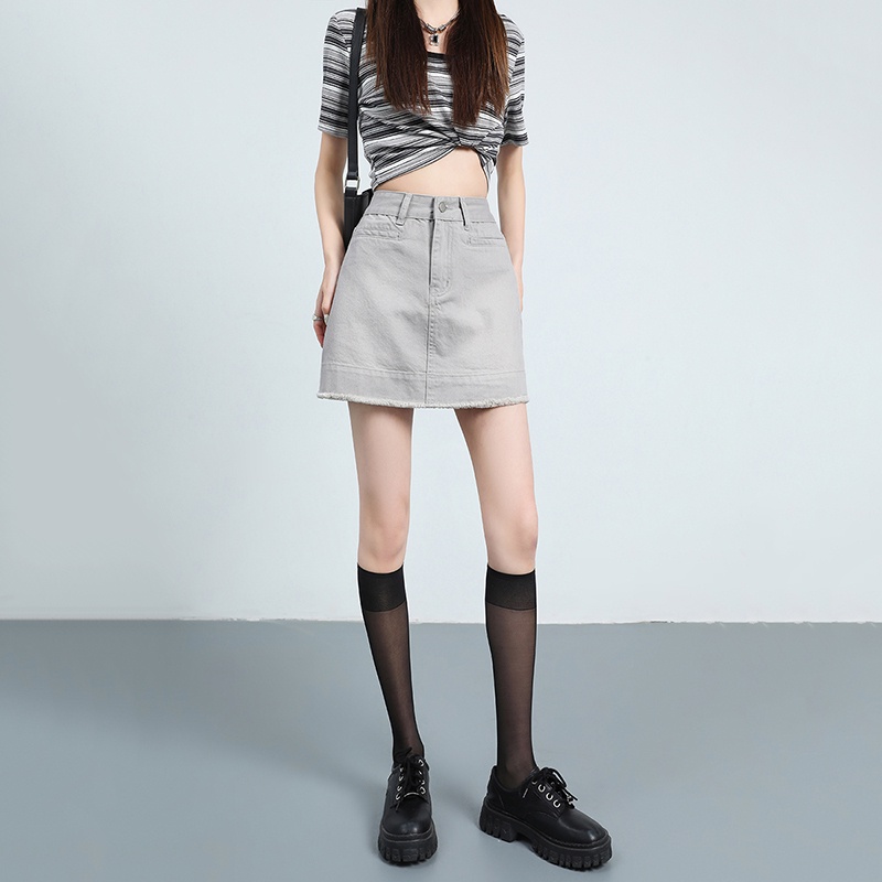 Chân Váy Denim Lưng Cao Dáng Chữ a Phong RENJIANVSHENG Cách Retro Dành Cho Nữ