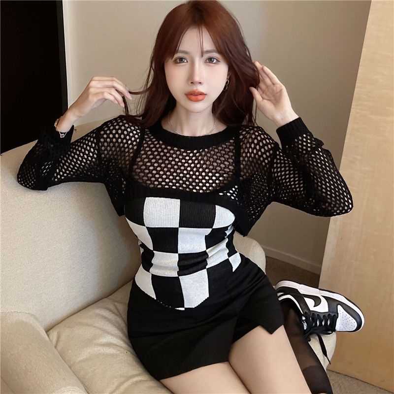 COZOK Set Áo Vest Caro + Áo Tay Dài Khoét Vai Quyến Rũ Cho Nữ