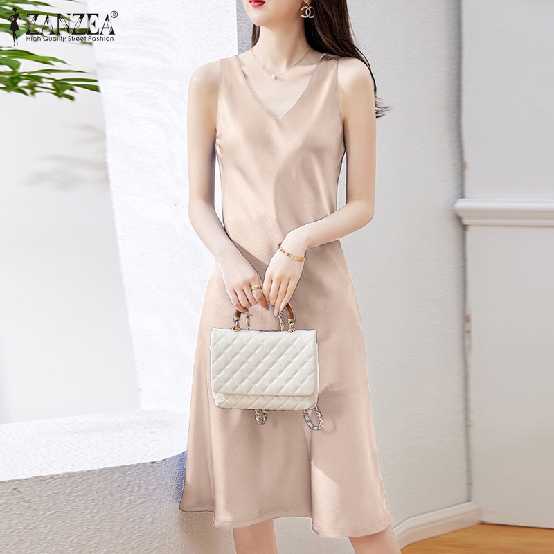 Zanzea Đầm Satin Không Tay Cổ Chữ V Màu Trơn Phong Cách Hàn Quốc Dành Cho Nữ
