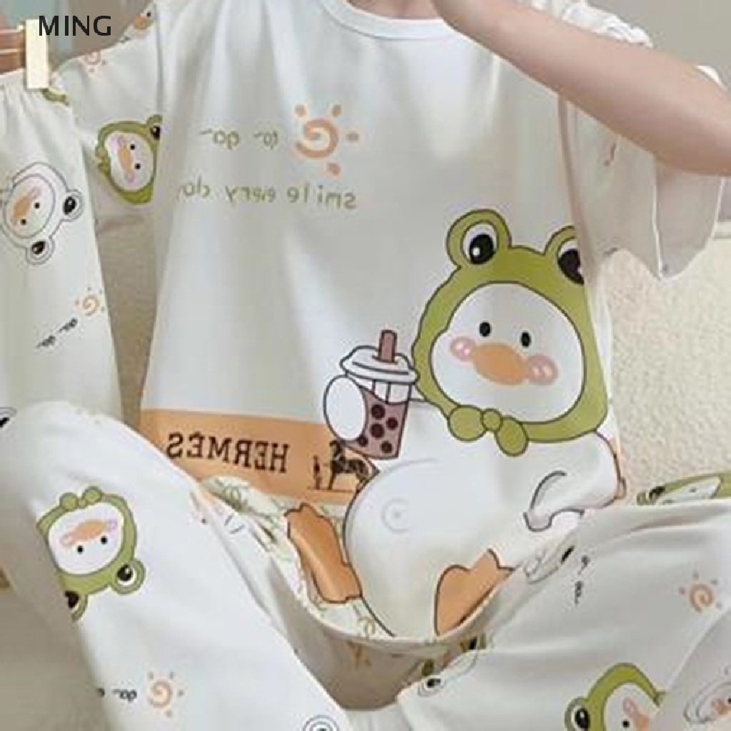 Bộ Đồ Ngủ 2 Mảnh Áo Thun Tay Ngắn In Họa Tiết Hoạt Hình Dành Cho Nữ