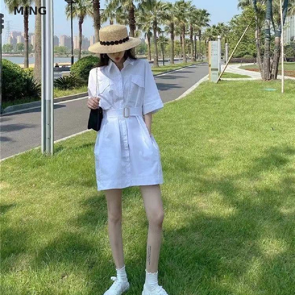 Đầm Ngắn Tay Màu Trơn Thời Trang Mùa Hè Hàn Quốc Dành Cho Nữ