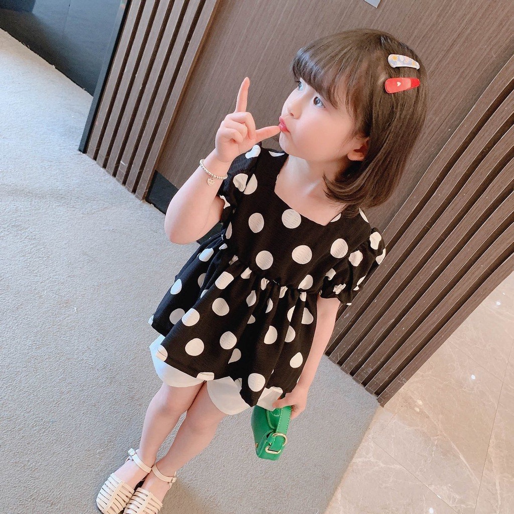 Set Đồ Hai Mảnh Áo Voan Chấm Bi Đính Nơ Kiểu Phương Tây Thời Trang Mùa Hè 2023 Cho Bé Gái 2-3 - 4-5 - 6-7 - 8 Tuổi