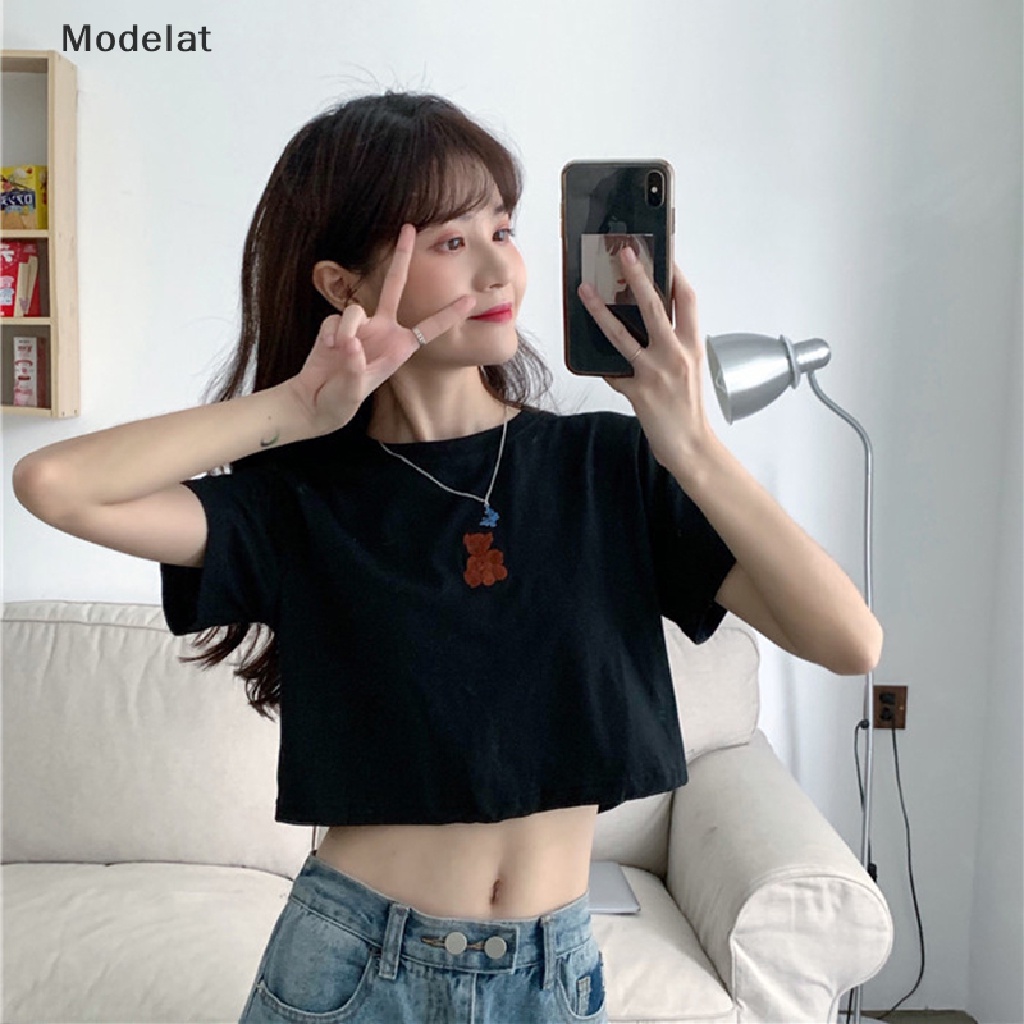 Áo Thun Crop Top Tay Ngắn Cổ Tròn Thêu Hình Gấu Dễ Thương Thời Trang Mùa Hè Cho Bạn Gái
