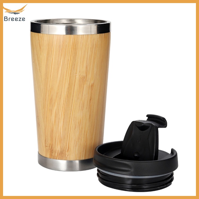 Cốc Uống Cà Phê Bằng Thép Không Gỉ + Gỗ Tre Có Nắp Tháo Rời Được Tiện Lợi