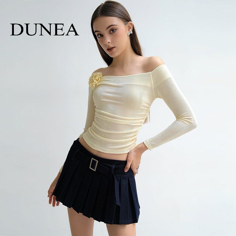 Áo kiểu trễ vai DUNEA tay dài hoạ tiết hoa thời trang dành cho nữ