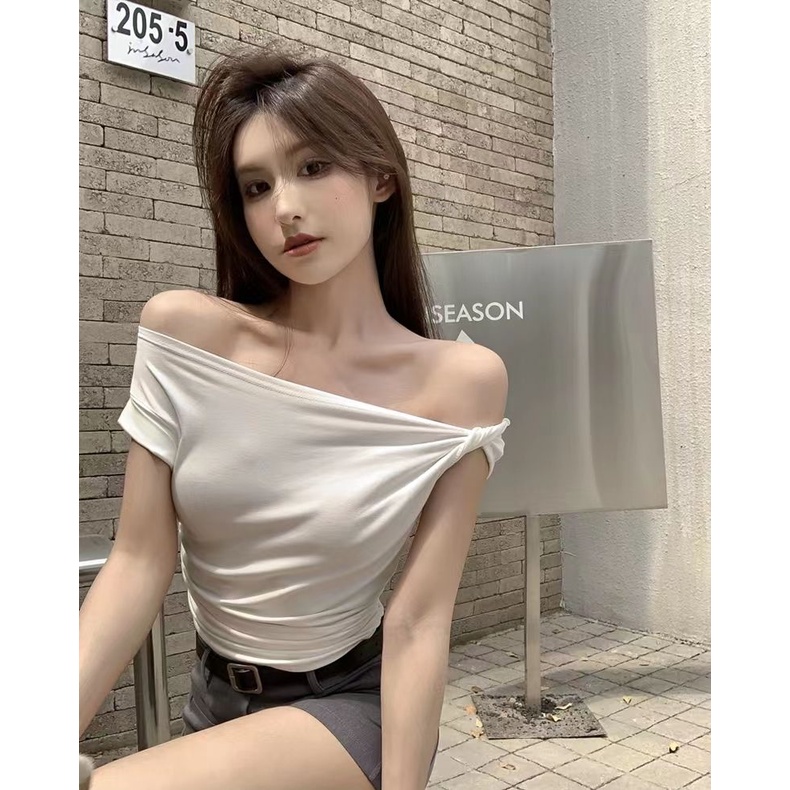 COZOK Áo Thun crop Top Ngắn Tay Trễ Vai Gợi Cảm Thời Trang
