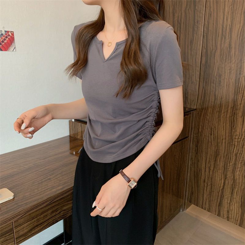 Áo Thun Ngắn Tay Cổ Chữ V Thiết Kế Dây Rút Thời Trang Hàn Quốc Mới Cho Nữ