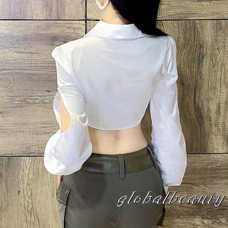 Áo Croptop Tay Dài Cổ Bẻ Màu Trơn Dáng Ôm Cài Khuy Thời Trang Mùa Xuân Dành Cho Bạn Nữ