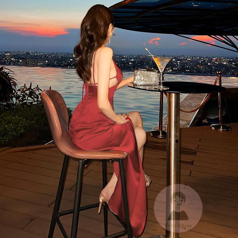 Đầm Dài Không Tay Cổ Chữ V Xẻ Tà Cao Hở Lưng Thời Trang Mùa Hè Cho Nữ