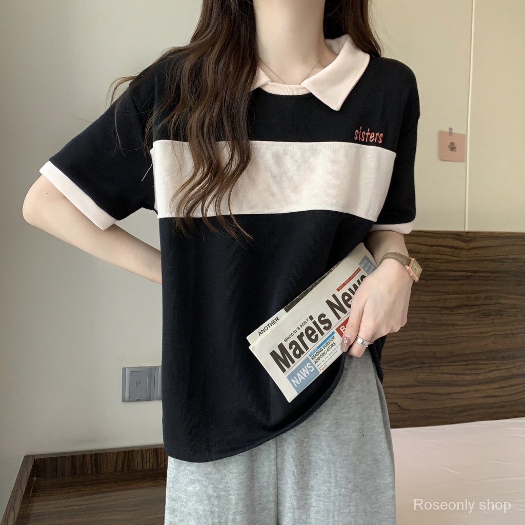 Áo Thun polo Giả Hai Mảnh Cotton Dáng Rộng Tay Ngắn Phong Cách Preppy Mùa Hè Dễ Phối Đồ Cho Nữ