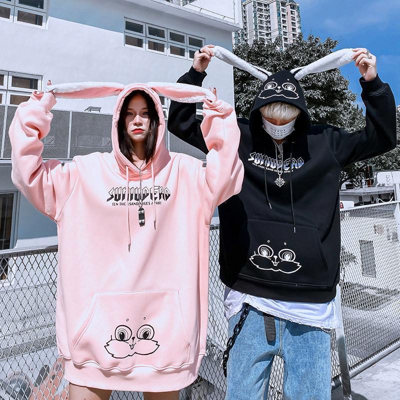 Áo Hoodie Vải Bông Dày Dặn Dáng Rộng Đính Tai Thỏ Kiểu Hàn Quốc Thời Trang Xuân Thu Cho Nam Và Nữ