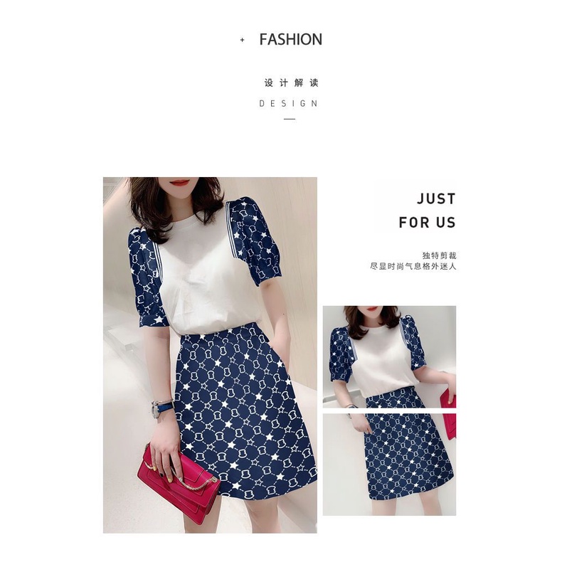 Set Áo Thun Ngắn Tay Và Chân Váy Chữ A Màu Xanh Đậm Phong Cách Châu Âu Thời Trang Mùa Hè Mới Cho Nữ