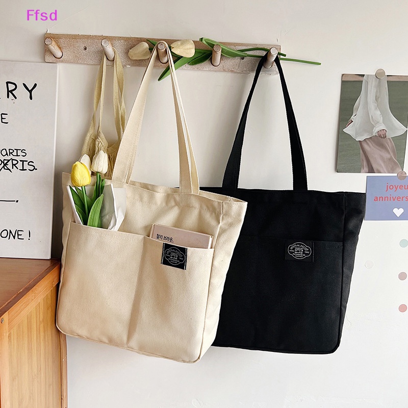 {Ffsd} Túi Xách Tote Bằng Vải Canvas Màu Trơn Thiết Kế Đơn Giản Sức Chứa Lớn Cotton Có Thể Tái Sử Dụng Đi Biển * Bán Chạy