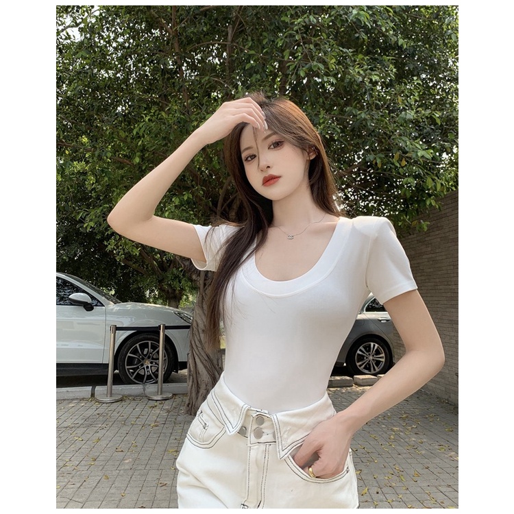 Áo Thun Tay Ngắn Cổ Chữ U Màu Sắc Đơn Giản Phong Cách Hàn Quốc
