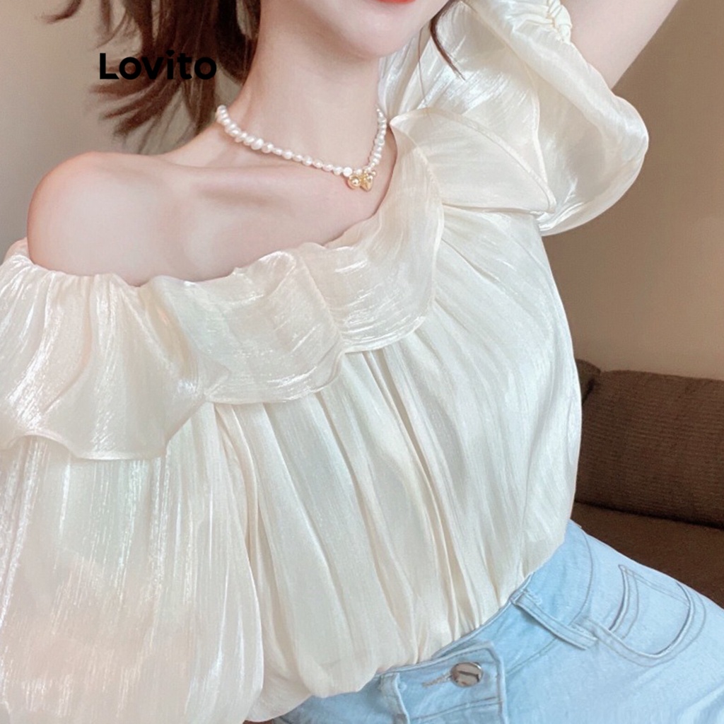 Áo Lovito tay ngắn lai bèo xếp nếp họa tiết đường cong màu trơn cơ bản plus size cho nữ LNA03129 (màu mơ/ tím)