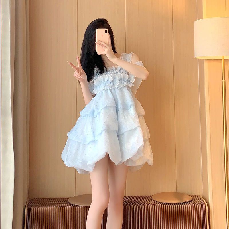 First Love Đầm Công Chúa Phối Lưới Gạc Màu Xanh Dương Nhẹ Nhàng Chắp Vá Phồng Che Phủ Trắng Sang Trọng Adva