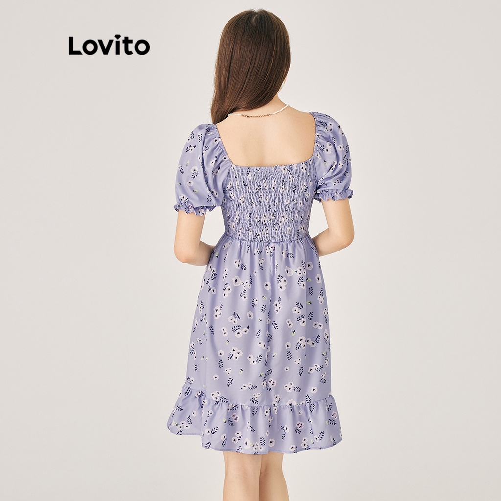 Đầm LOVITO xếp nếp họa tiết hoa nhỏ tạo nếp phong cách boho dành cho nữ L47ED116 (màu tím)