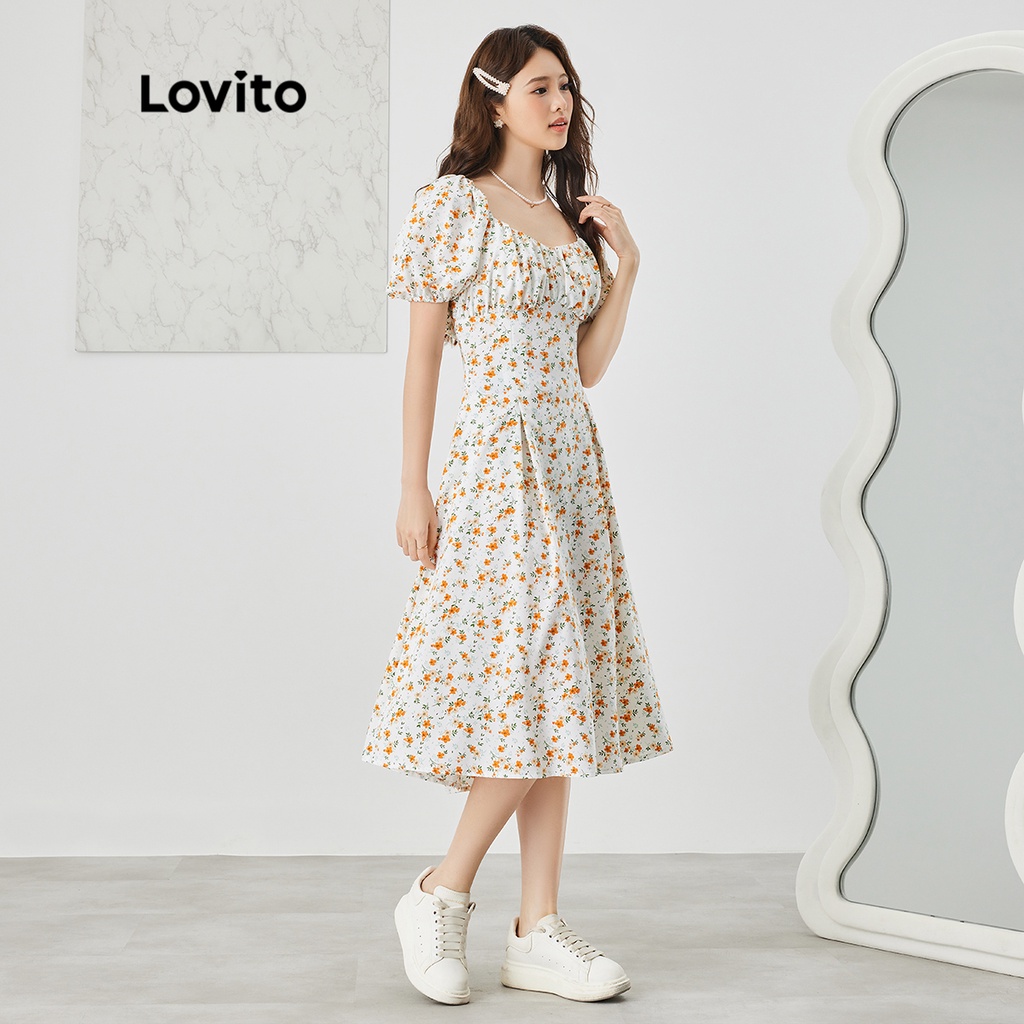 Đầm Lovito tay phồng in họa tiết hoa nhí phong cách boho cơ bản cho nữ L47AD037 (màu trắng)