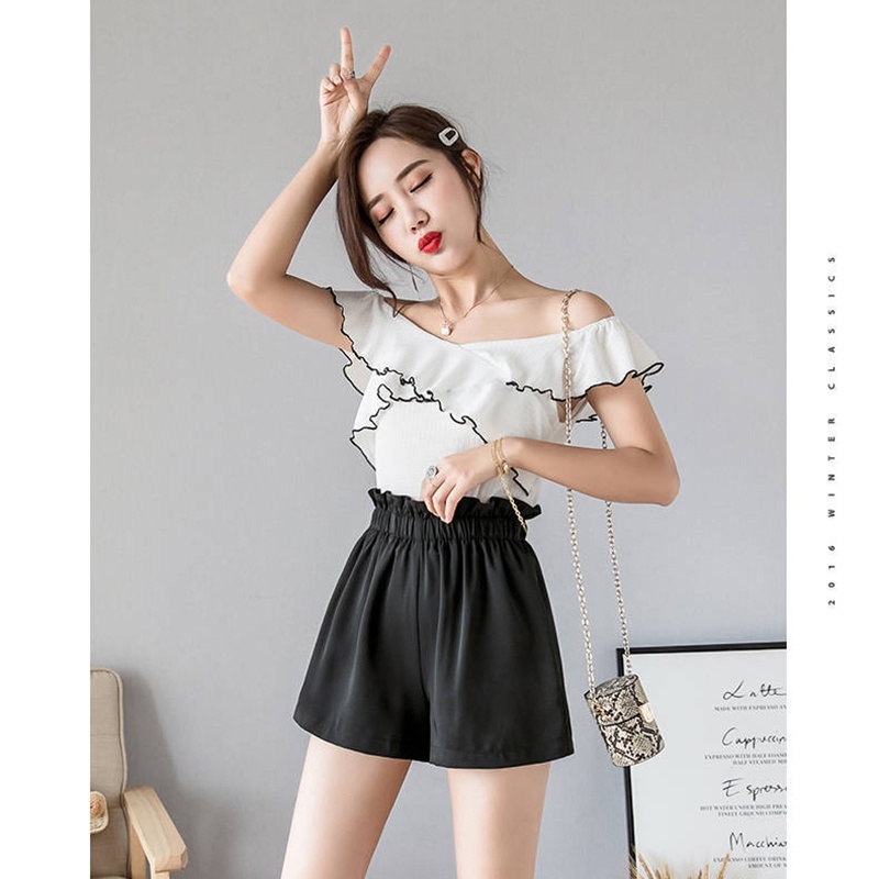 Quần Short Đen Lưng Cao Ống Rộng Thời Trang Mùa Hè Hàn Quốc Cho Nữ