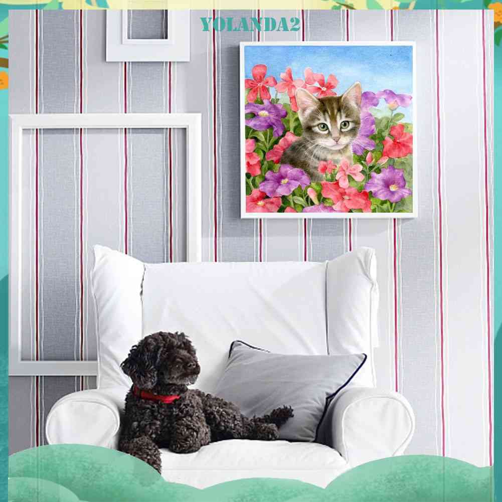 Tranh Đính Đá Kim Cương Toàn Bộ 5D DIY Hình Vẽ Mèo Floriferous