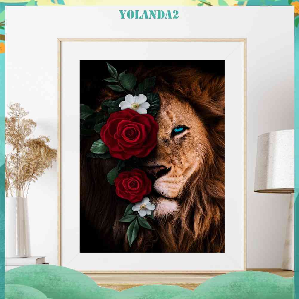 Tranh Đính Đá Kim Cương Toàn Bộ 5D DIY Hình Vẽ Sư Tử Hoa Hồng
