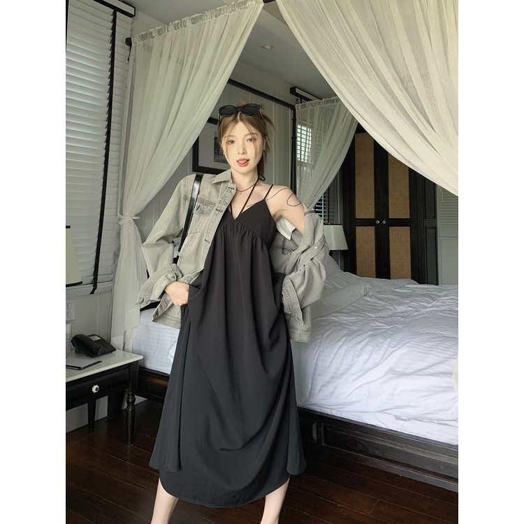 Đầm Hai Dây Cổ Chữ V Màu Đen Thời Trang Quyến Rũ Cho Nữ