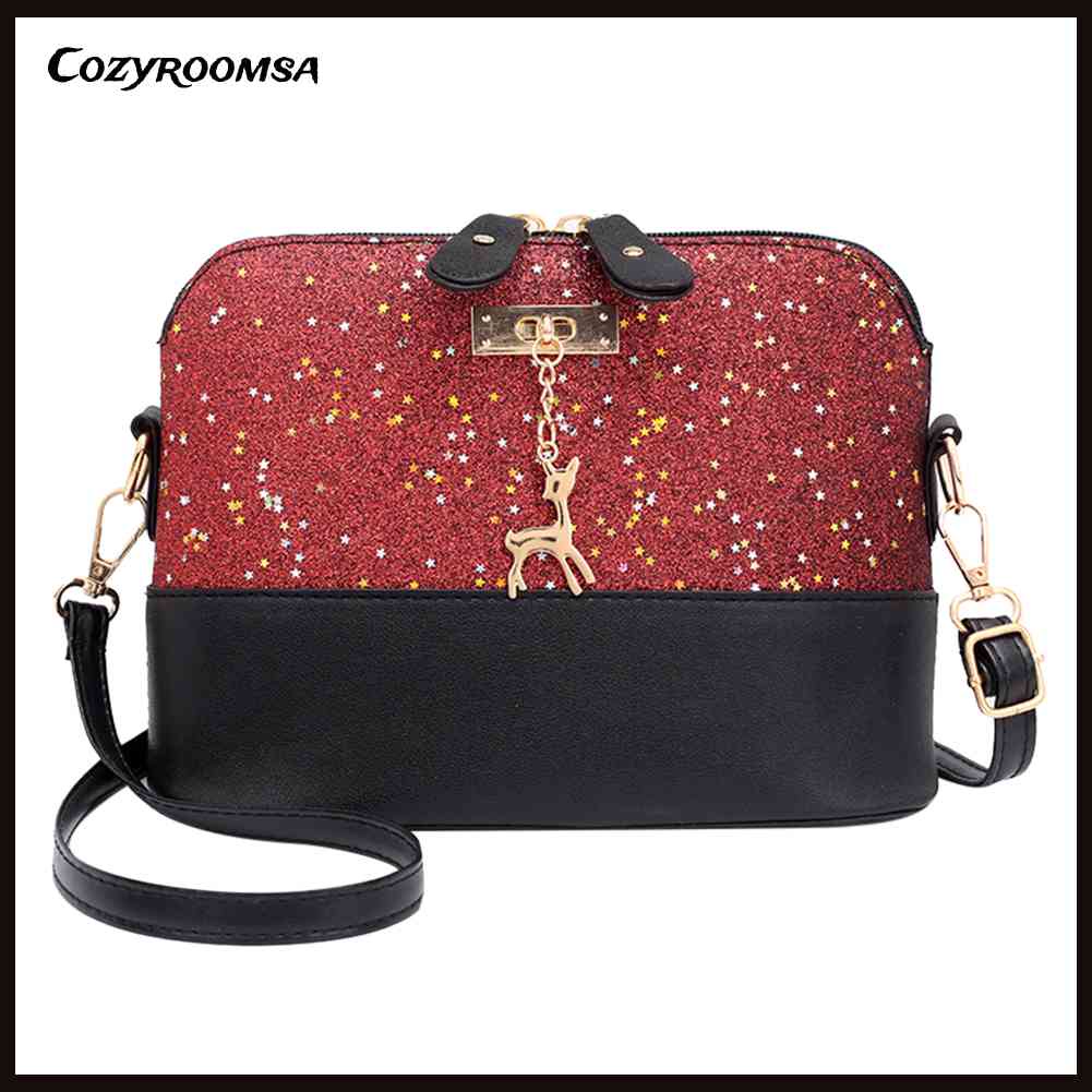 Túi Đeo Chéo Da PU Hình Vỏ Sò Đính Kim Sa Lấp Lánh