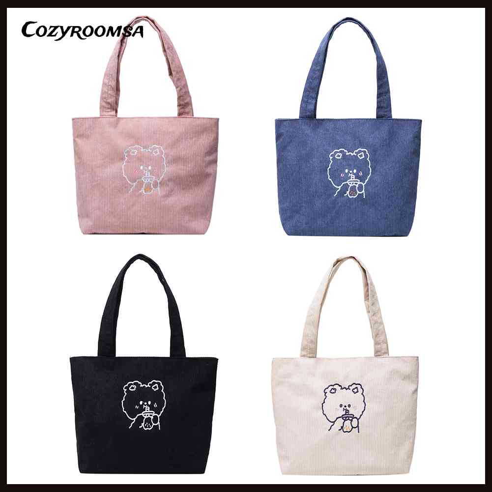 Túi Tote Đeo Vai Vải Nhung Họa Tiết Gấu Hoạt Hình Tái Sử Dụng Được Cho