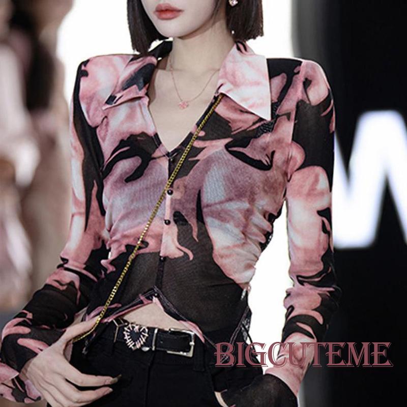 Áo Croptop Lưới Tay Dài Cổ Chữ V Màu Nhuộm Trang Trí Nút Giả Kiểu Đường Phố Cho Bạn Gái